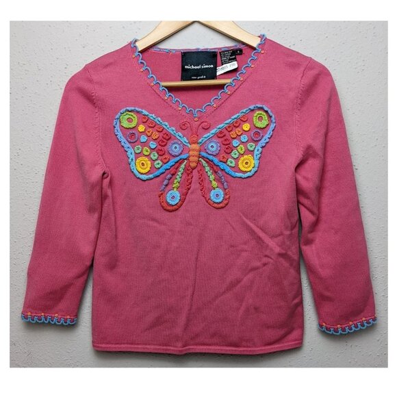 Women’s Michael Simon Pink Long Sleeve Sweater Sz S Butterfly New York VTG - Picture 2 of 11